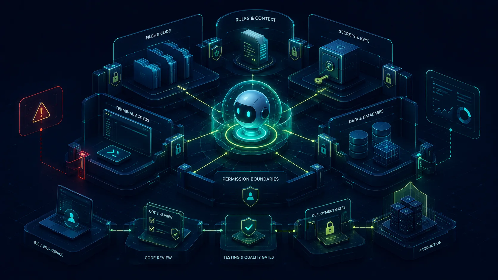 AI coding assistant surrounded by permission boundaries, protected files, secrets, and deployment gates.