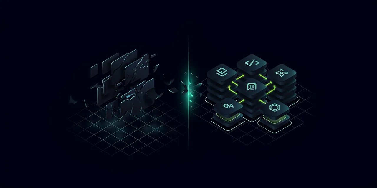 Fragile generated code contrasted with a modular architecture and QA system