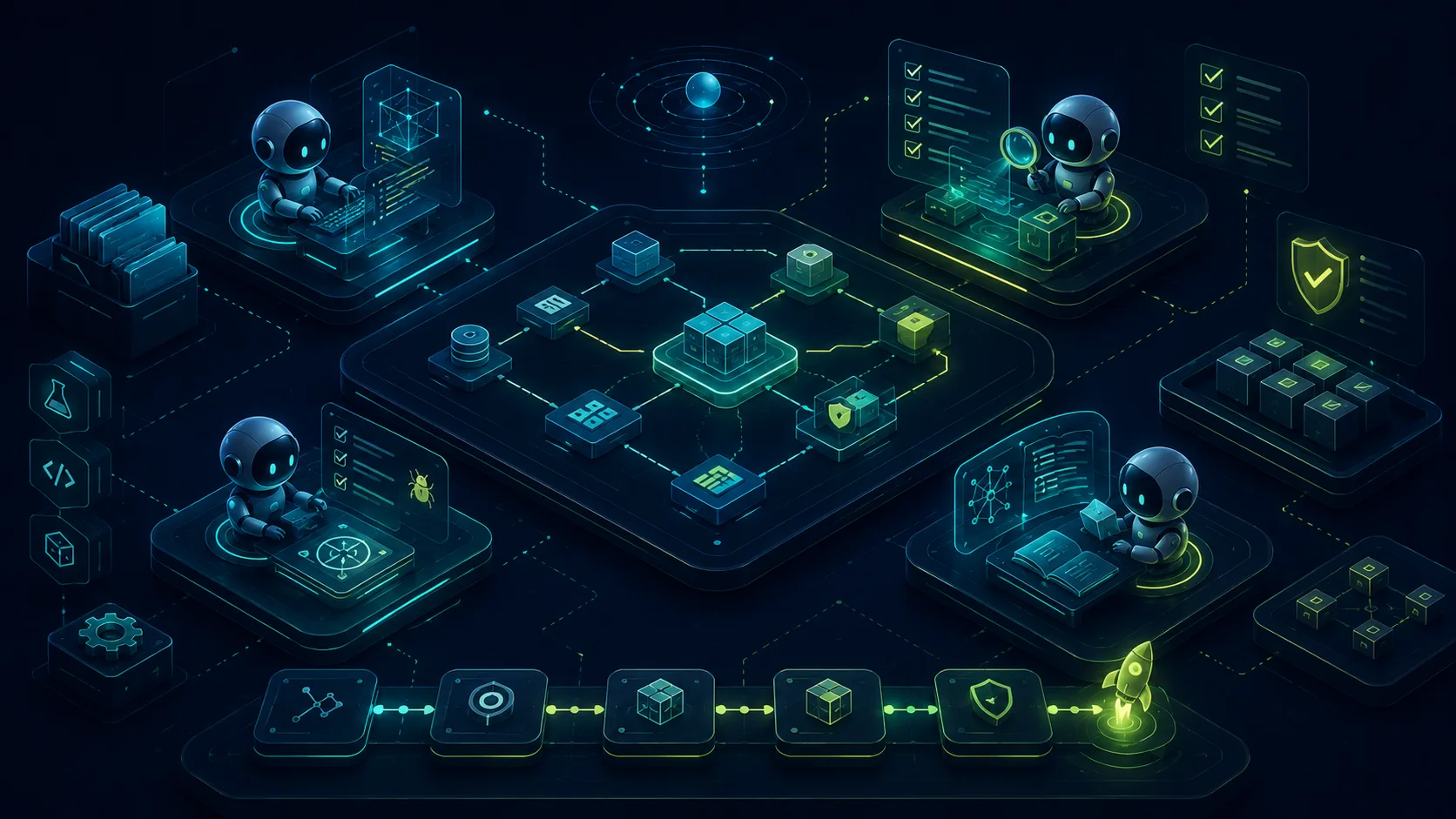 Specialized AI agents coordinating implementation, review, testing, and documentation around a product architecture.