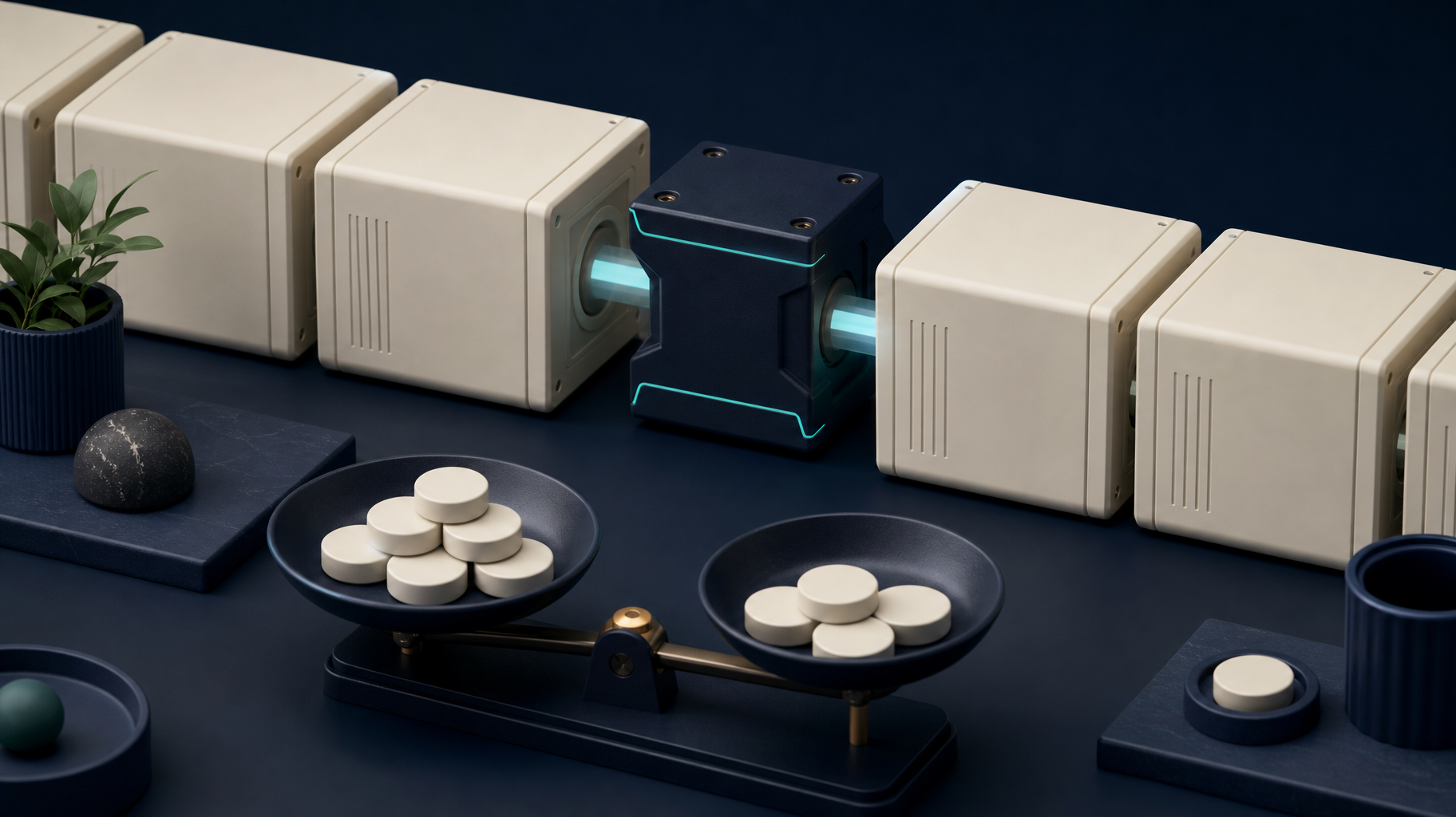 A fitted custom connector joins standard software modules beside balanced cost-comparison pans.