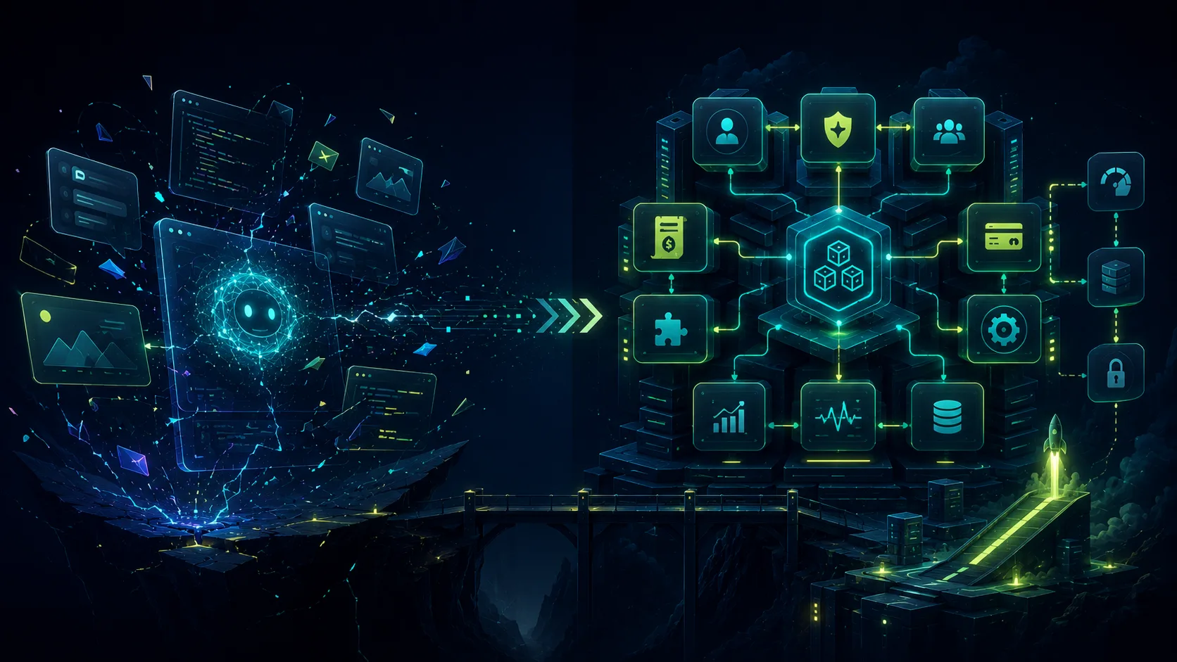 Fragile AI prototype transforming into a stable production-ready MVP architecture.