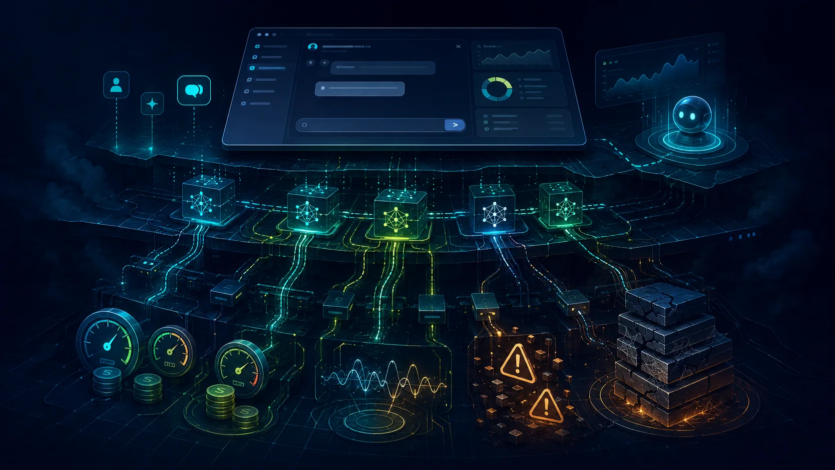 Hidden AI model calls, cost meters, and latency signals beneath a polished product interface.