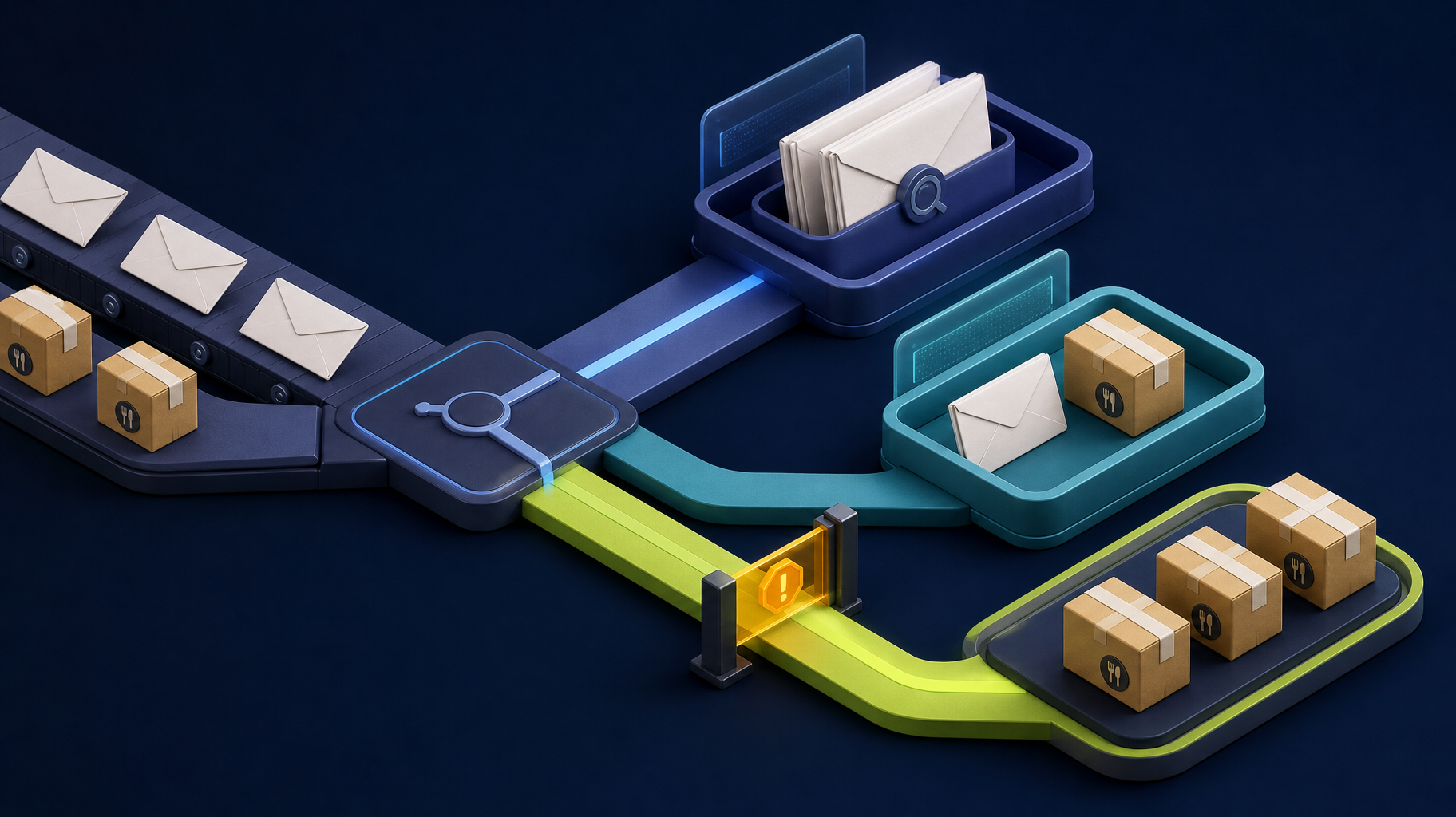 Order envelopes and meal parcels split into duplicate review, pending review, and gated fulfillment lanes.