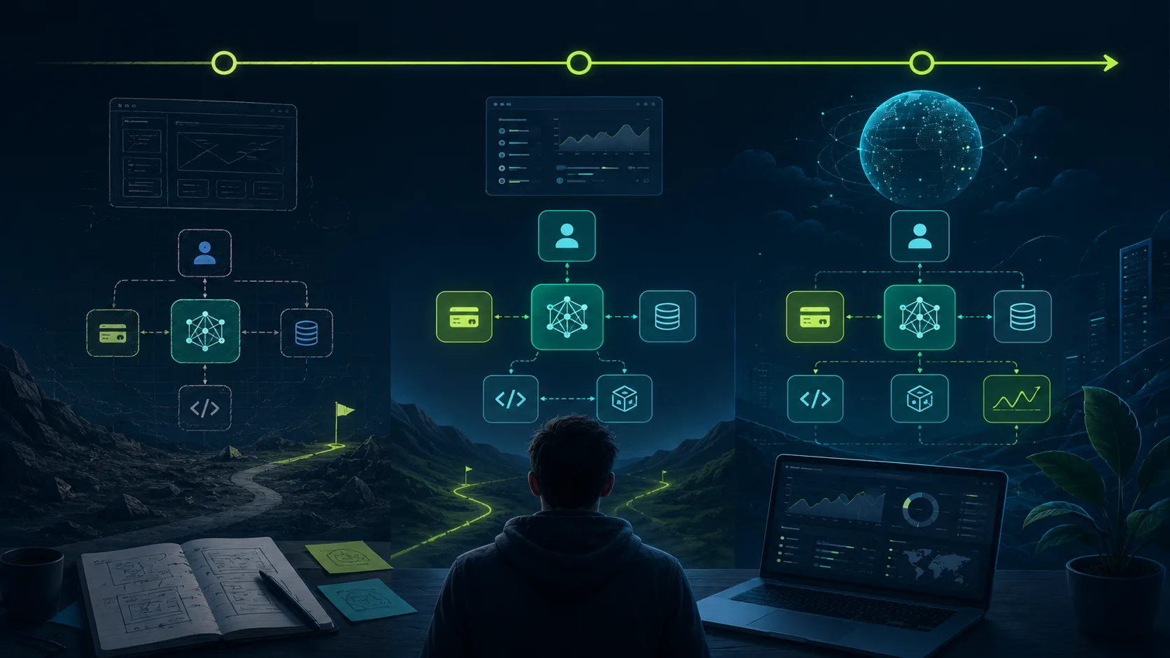 Abstract roadmap showing an AI MVP moving from prototype to production-ready software.