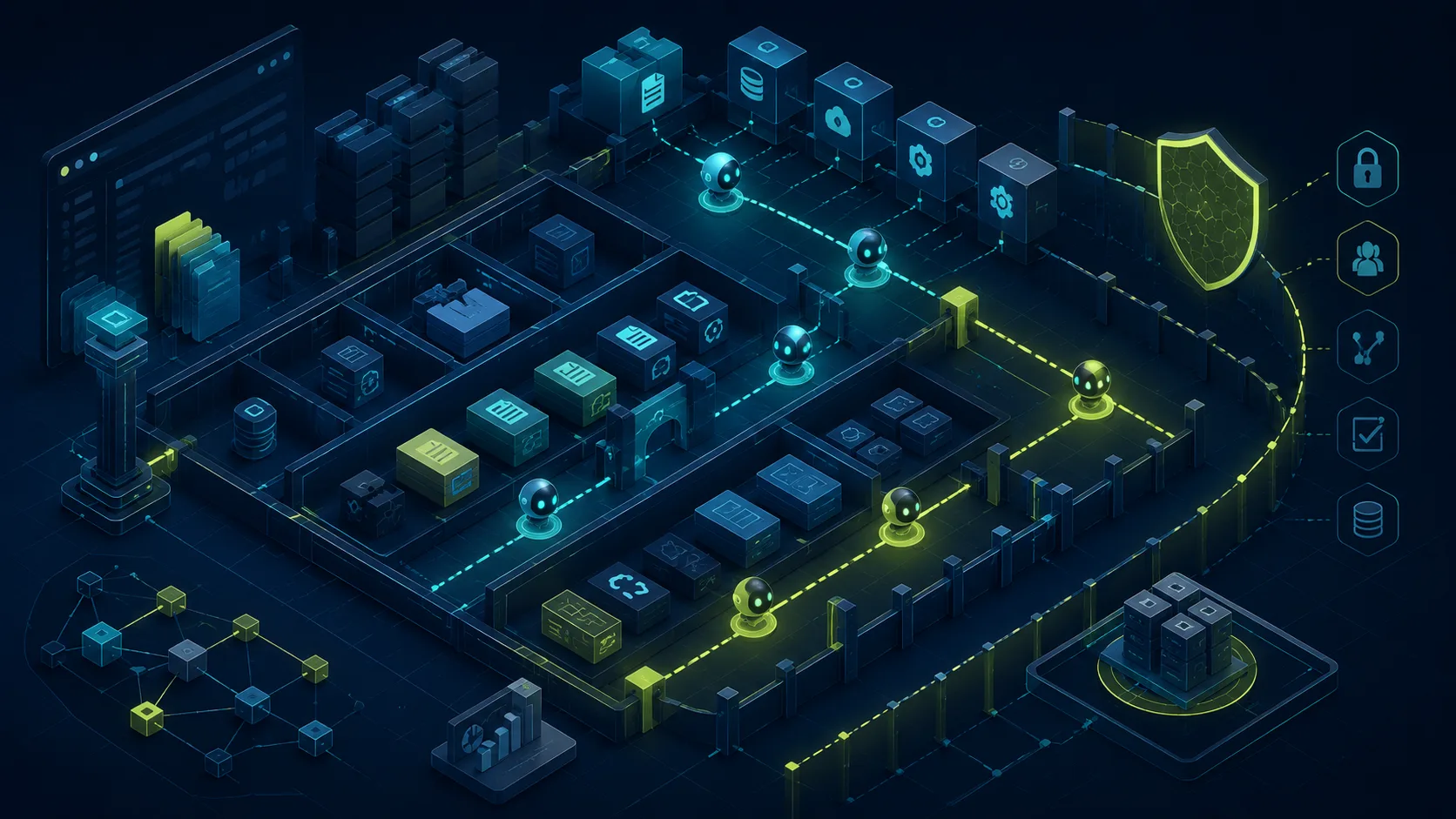 AI coding agents moving through a structured framework grid with architectural guardrails.